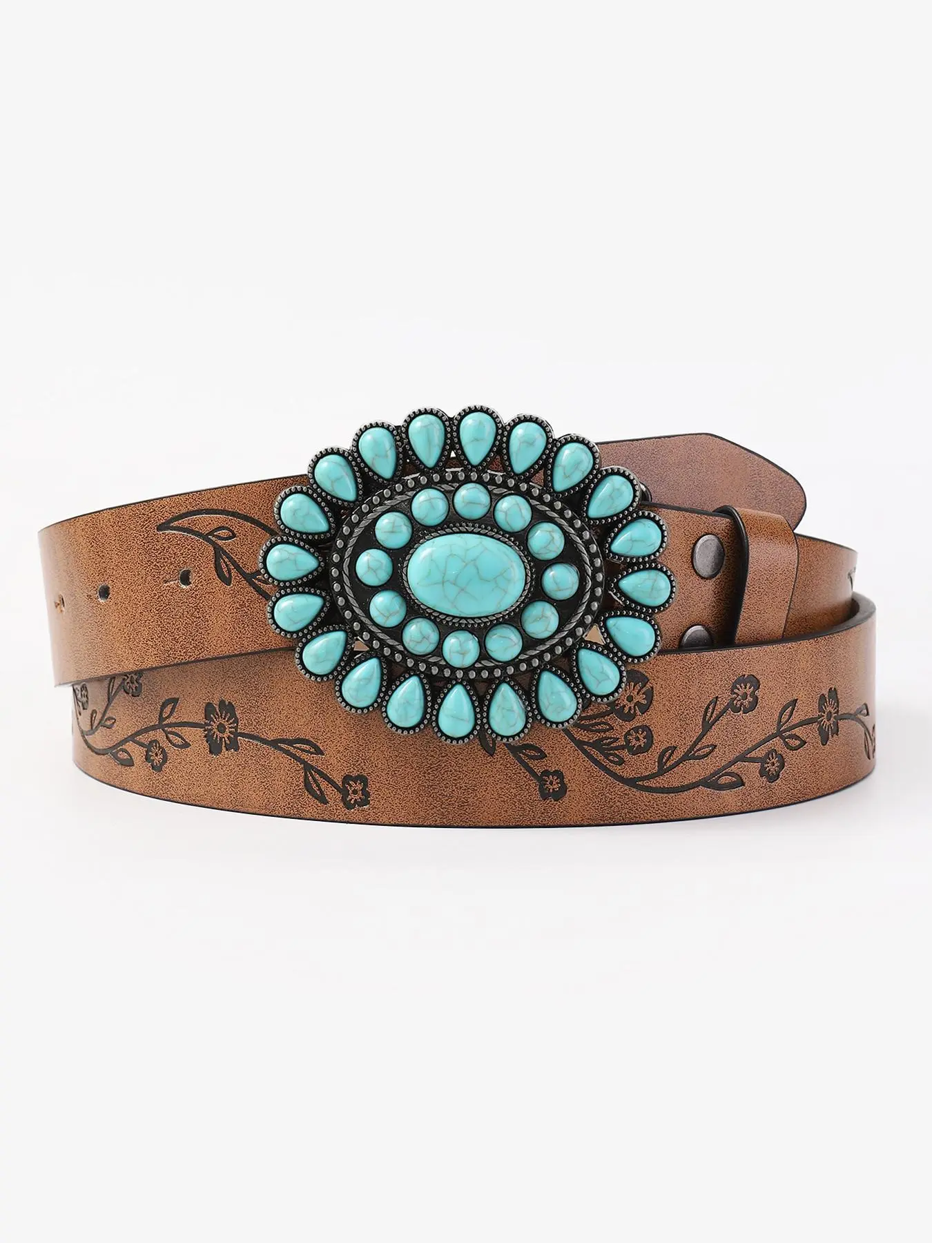 Vintage Turquoise Decor Western Belt, Boho Style Flower Pattern Belt for Women, Fashion Accessories for Daily Wear, Trendy All-match & Exquisite Belt for Birthday Gift, Cowgirl Belts, Western Cowboy Belts