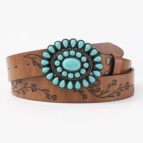 Vintage Turquoise Decor Western Belt, Boho Style Flower Pattern Belt for Women, Fashion Accessories for Daily Wear, Trendy All-match & Exquisite Belt for Birthday Gift, Cowgirl Belts, Western Cowboy Belts