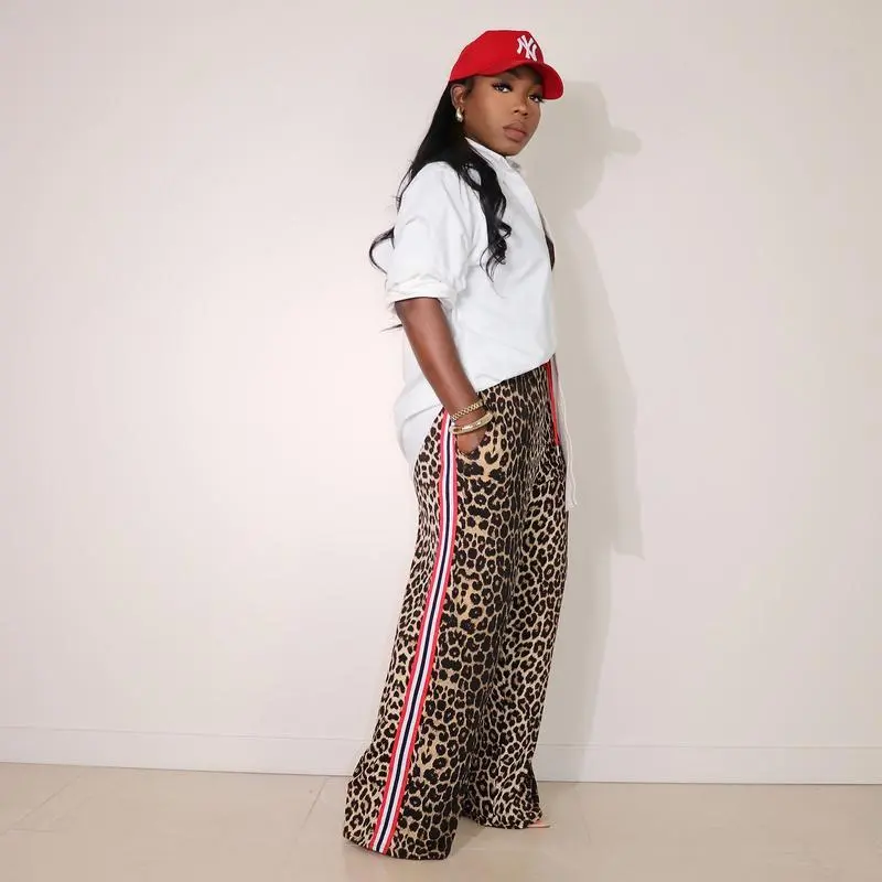 European and American spring and summer fashion leopard print stitching contrast stripes loose casual straight pants