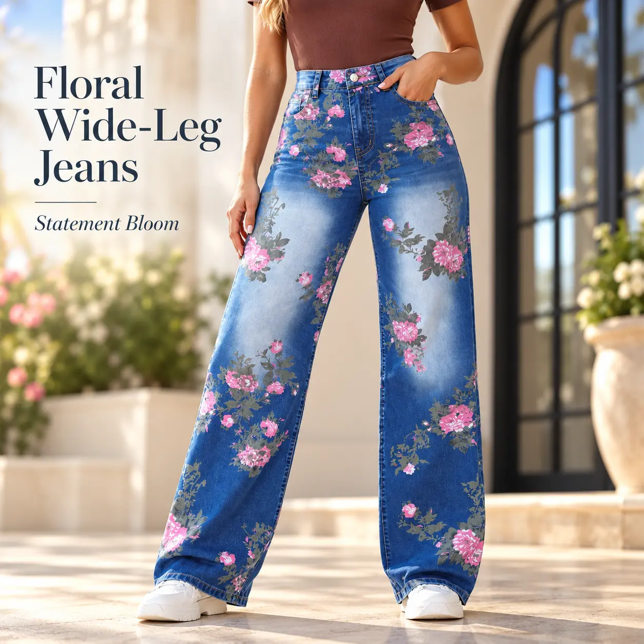 Women's Floral Print Wide Leg Jeans, High Waisted Blue Denim Pants with Pink Rose Pattern, Vintage Washed Casual Trousers, Trendy Y2K Streetwear Bottoms for Women, Everyday Fashion
