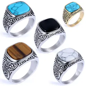 Unique European and American Style Unisex Carved Simple Square Turquoise Ring Jade Green Elegant Ring Black Ring Versatile Carvings Brown Ring Casual