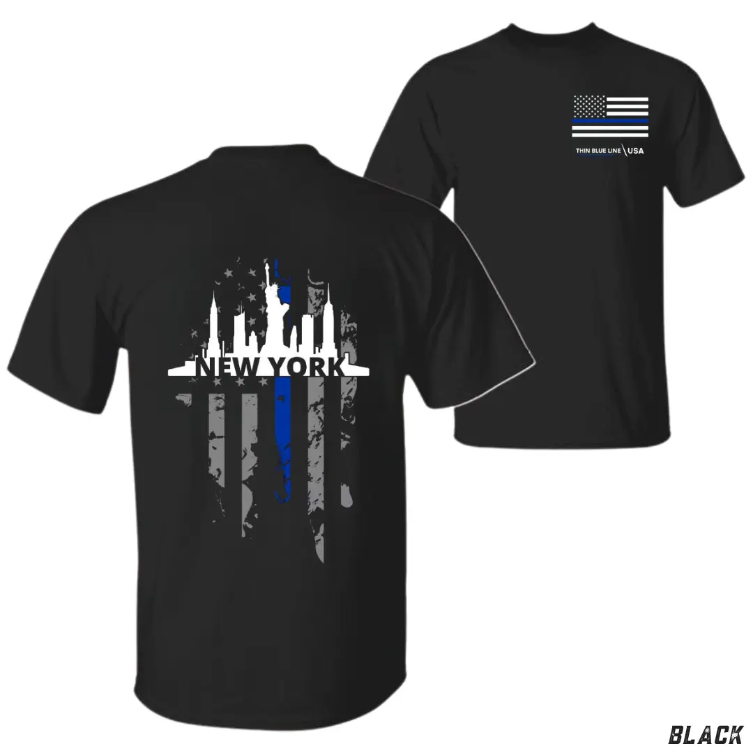New York Thin Blue Line Flag T-Shirt, Patriotic Skyline Police Support Tee, Soft Cotton Blend Shirt, Law Enforcement Tribute Gift for Men & Women Comfort Top