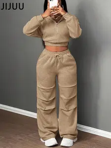 Women's Casual Sporty Two-Piece Set, Hooded Zipper Top & Loose Wide-Leg Pants, Home Streetwear, Comfortable Daily Wear, Casual Sweatsuits, Sweatsuit Set Outfit