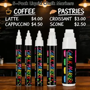 White Window Chalk Markers Pen 5 Pack for Cars Glass Washable Non-Toxic Erasable Dust-Free 5 Nib Sizes 0.7 3 6 10 15mm Liquid Chalk Marker Ideal for Home School Office