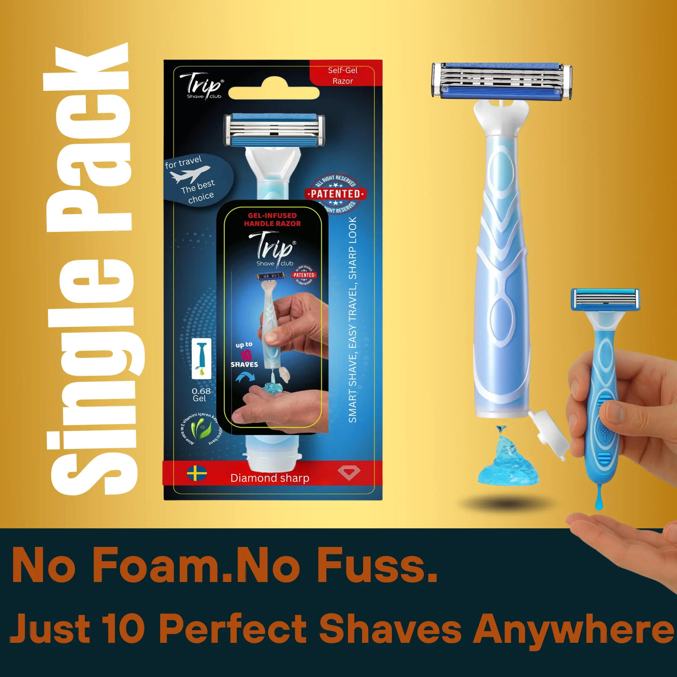 Trip Single Pack Razor with Aloe Gel - 10 Perfect Shaves, No Foam, Diamond-Sharp Steel Blades, Eco-Friendly, Ideal for Travel & Gym