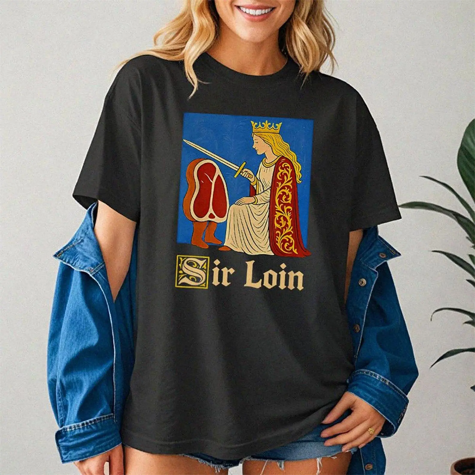 Sir Loin Funny Medieval Knight Pun T-Shirt, Hilarious Sirloin Steak Meme Tee, Vintage Art Style Unisex Joke Shirt for Meat and Pun Lovers