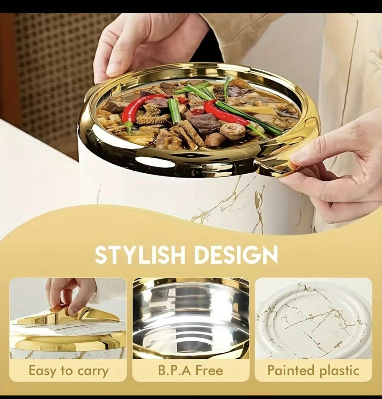 3-Piece 1.6L/2.1L/2.6L Thermal Casserole Dish Set with Lids,Stainless Steel Bowls for Hot Cold Food Insulated Serving Bowl for Buffets Parties Picnics Camping(White Marble)