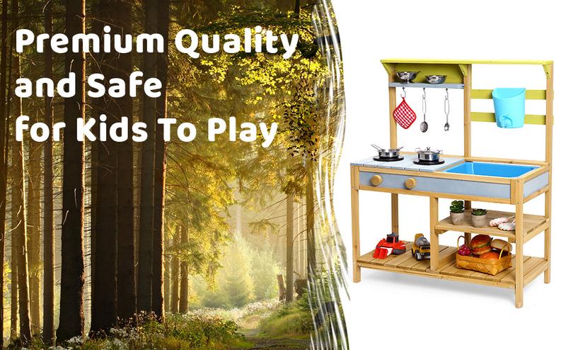 GARVEE Wooden Play Kitchen for Toddlers and Outdoor Use with Stove Top, Rotatable Knob, Water Box, Faucet, and Removable Sink - Pretend Play Toy for Boys and Girls