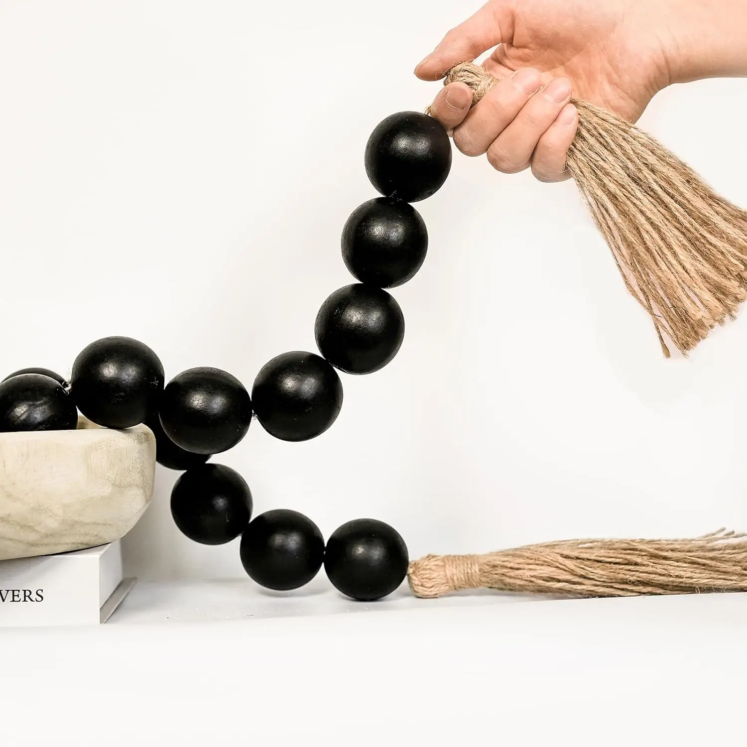 Extra Large Wood Bead Garland with 1.6" Diameter Wood Beads, Wooden Beads Garland with Tassels, Decorative Beads Home Decor, Farmhouse Beads Decor (Black, 41 Inches)
