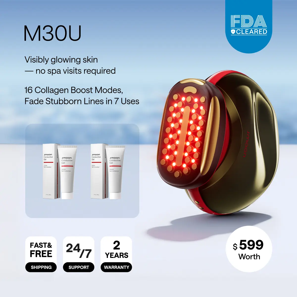 JMOON Microcurrent Facial Device - M30U Red LED Light Therapy Daily Medical Aesthetic Multi-Wavelength Infrared Tool for Adults, 4 Modes, 5 Energy Levels, Slimming, Massage, Anti-Aging, Stamp, Smile Lines (Red)