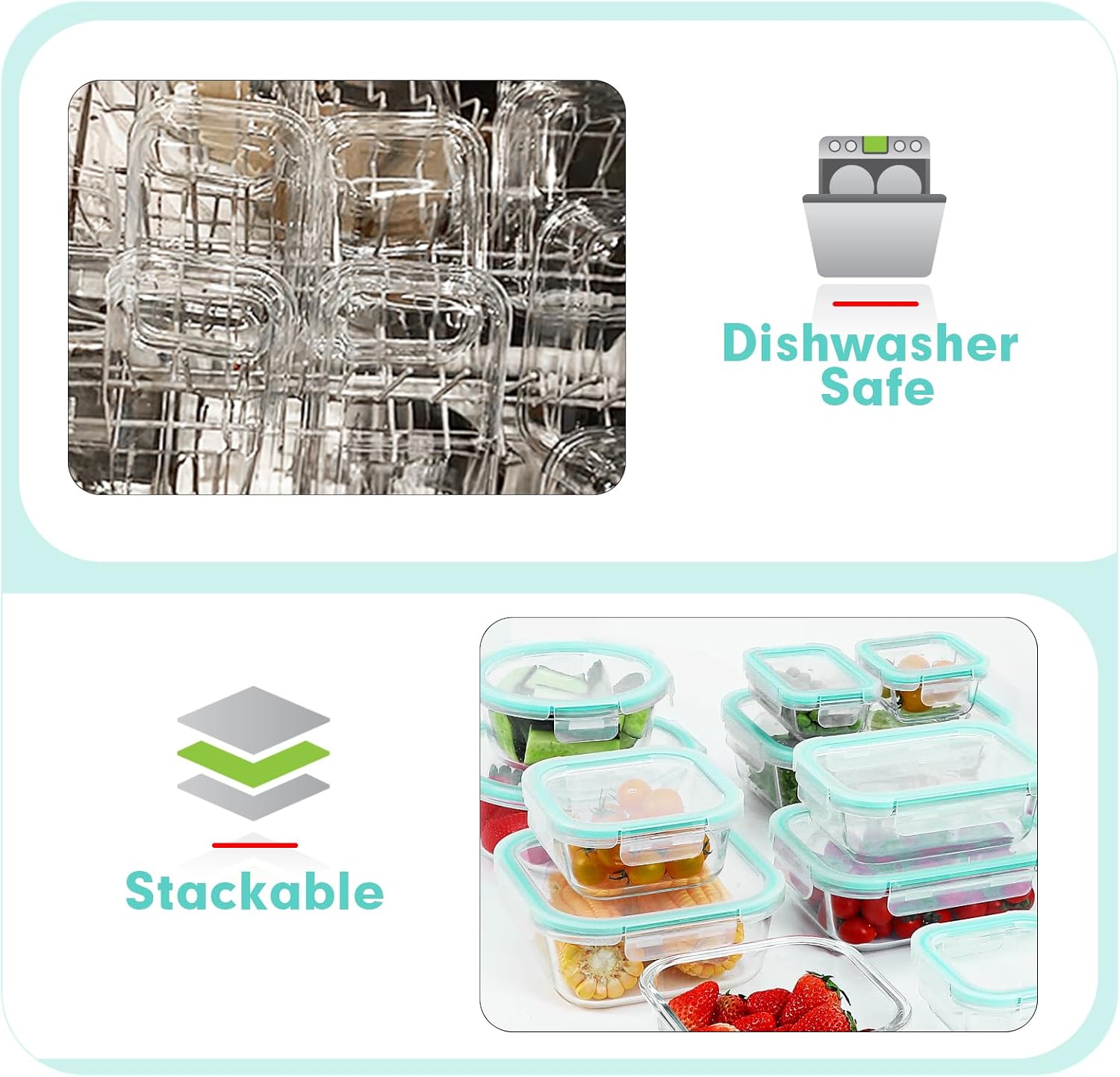 18-Pack Glass Food Storage Containers with Black & Blue Airtight Lids 6 Sizes Square & Rectangle Leakproof BPA-Free for Kitchen Organization Meal Prep