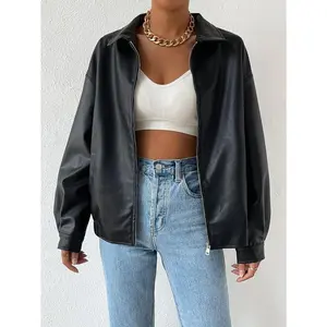 Drop Shoulder Zip Up PU Cropped Leather Jacket Long Sleeve FitGift