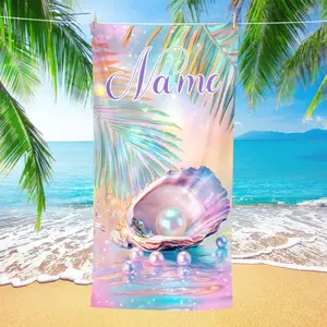 Customizable Name Tropical Leaf & Colorful Shell Beach Towel - Quick-Dry, Super Absorbent Microfiber, Large Size, Ideal for Yoga, Outdoor Fitness, Pool Parties, Summer Beach & Camping