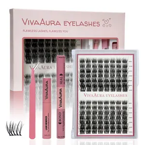 VVA Lash Clusters Kit with 112 pcs of Cluster Eyelash Extensions - 9–15 mm - 80D & D-Curl, Lash Extension Kit with Bond, Seal, Tweezers & Brush - Individual Eyelashes for Natural Look DIY at Home, Pink