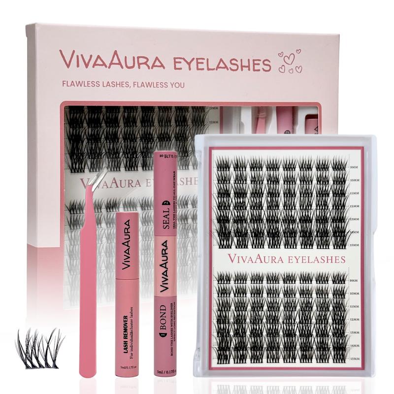 VVA Lash Clusters Kit with 112 pcs of Cluster Eyelash Extensions - 9–15 mm - 80D & D-Curl, Lash Extension Kit with Bond, Seal, Tweezers & Brush - Individual Eyelashes for Natural Look DIY at Home, Pink