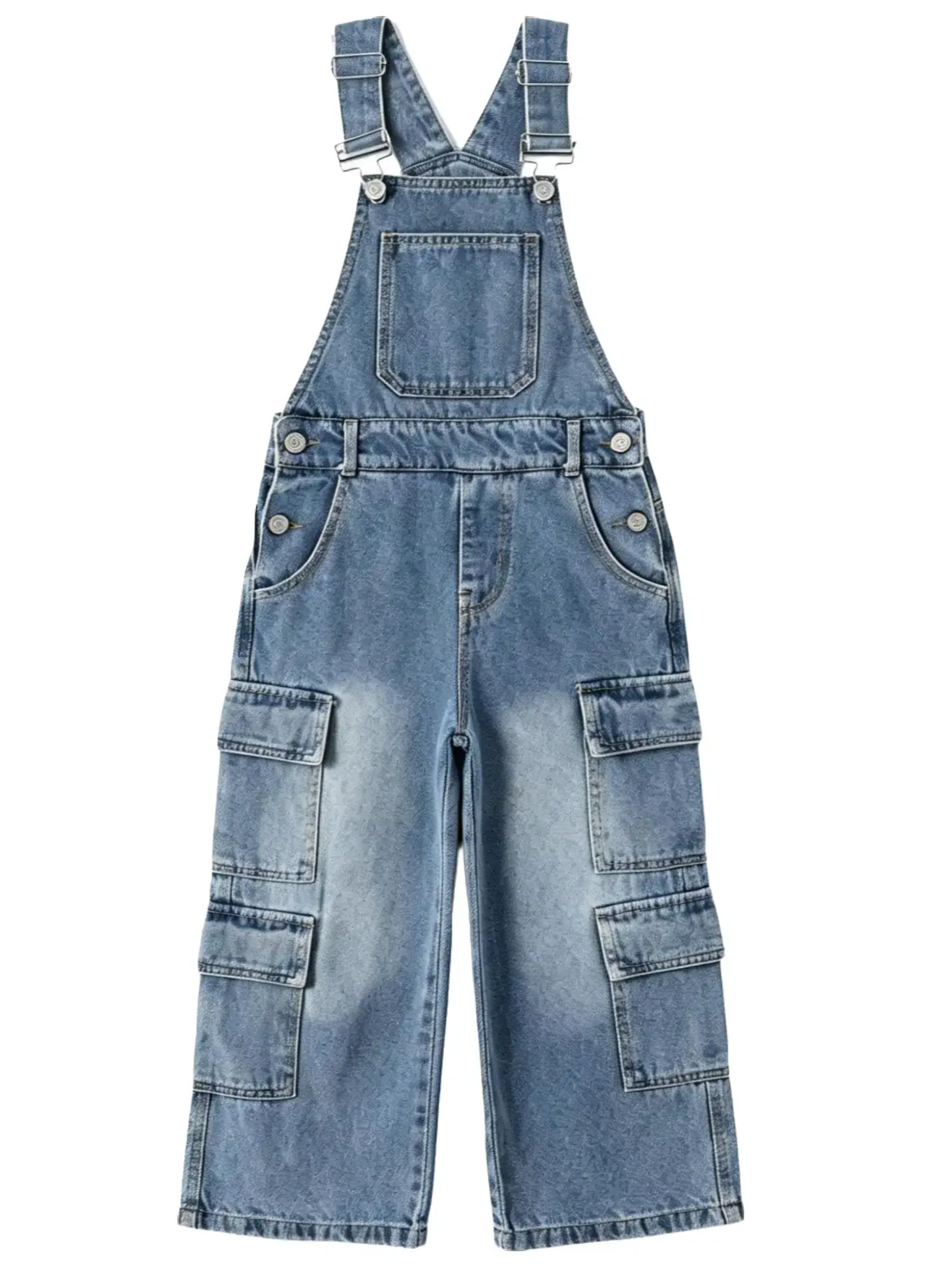 Kidscool Space Girls' Denim Cargo Overalls - Kids' Wide-Leg Jean Dungarees with Adjustable Straps, Cargo Pockets, for Ages 5-14