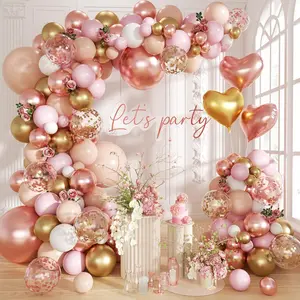 140-Piece Rose Gold Balloon Garland Kit Pastel, Gold, White, Confetti & Heart Foil Balloons