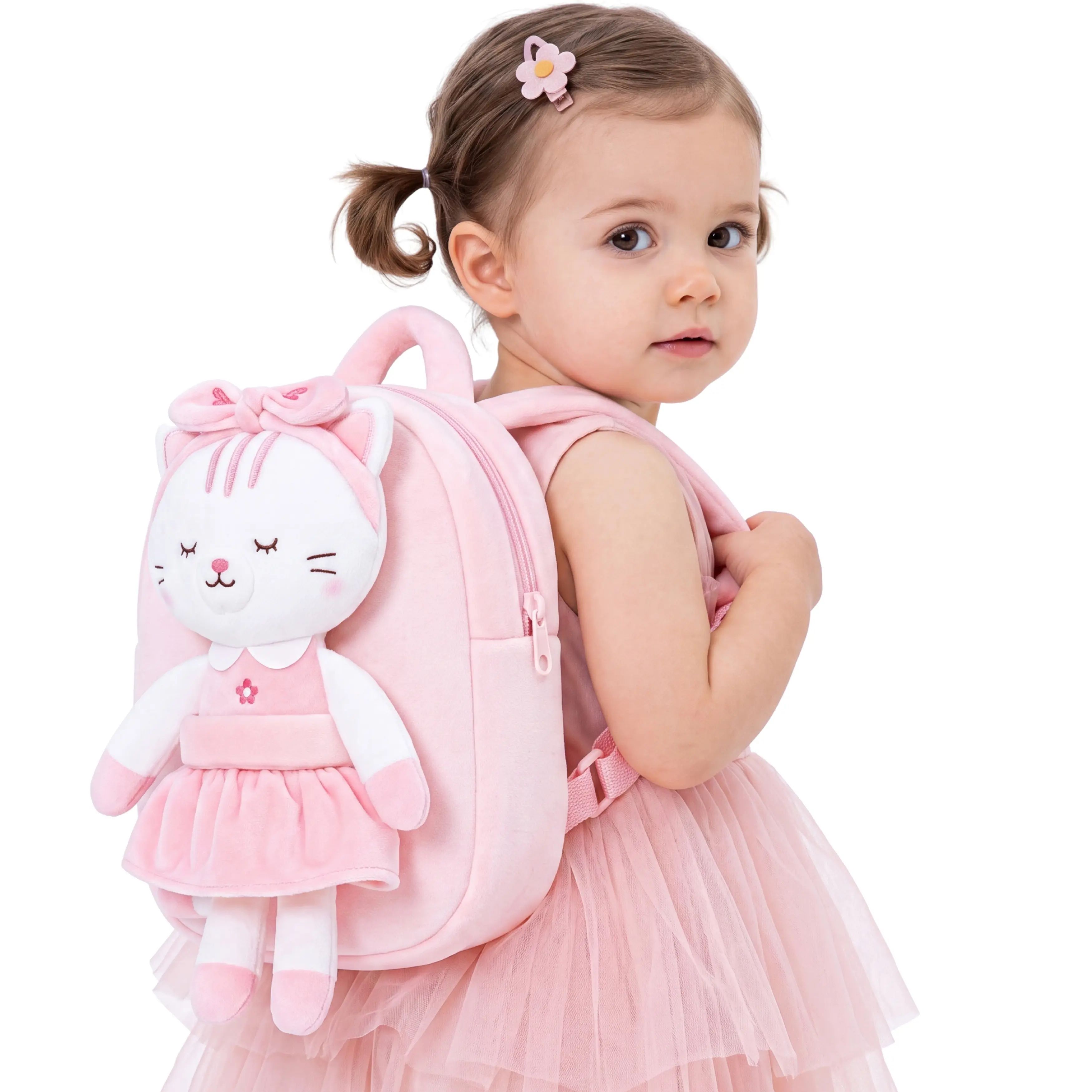 9" Toddler Girls' Plush Backpack with Cute Cat Doll - Adjustable Straps, Doll Accessories, Travel Story Buddy, Fits 1 Water Bottle for Kindergarten, All Seasons Xmas Birthday Gift