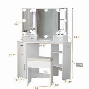 Garvee 1 SET 15MM PB Triamine Corner Style Makeup Vanity Set with Dressing Table and Stool, 12 Self-Adhesive Three-Level Light Bulbs, Three-Sided 3mm Aluminum Mirror, and Power Outlet, White Makeup Vanity