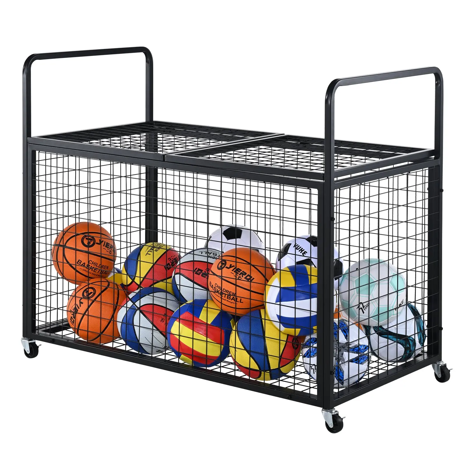 Steel Rolling Sports Ball Storage Cart - Lockable Basketball Cage with Double Lids, Home Organizer Utility Rack for Garages, Gyms