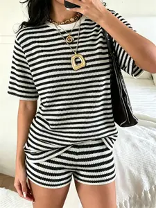 Striped Knit Two Piece Set For Women, Casual Short Sleeve Top & Shorts Outfit, Loose Fit Loungewear, Y2K Streetwear, Summer Vacation Cozy Matching Set, Chic Daily Wear, Womenswear, Striped Knit Sets