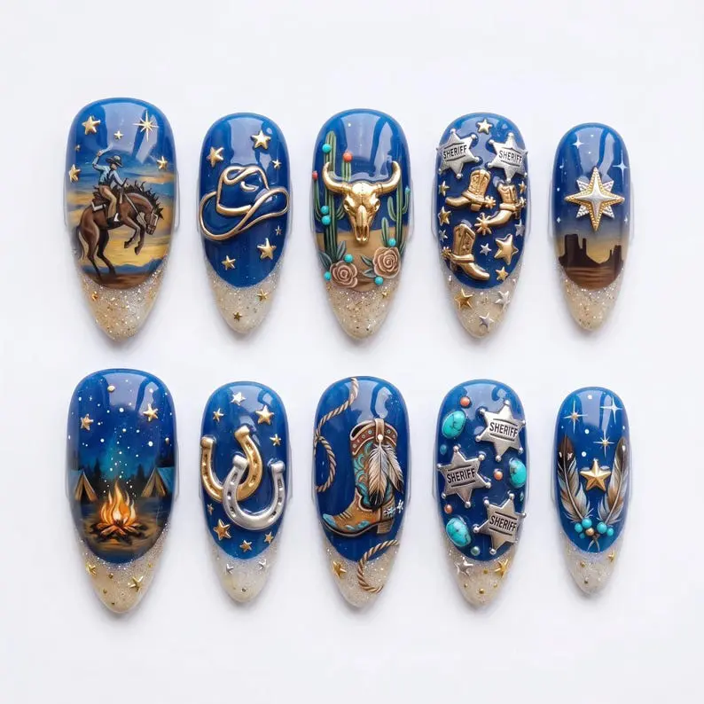 Western Cowboy Press On Nails | 3D Rodeo Horse Sheriff Star Cow Skull Nail Art | Blue Gold Long Almond Nails | Wild West Handmade Nail Set