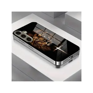 1pc Pattern Design For Samsung, For Galaxy, S25, S24, FE, S23, S22, S21, S20, Ultra, Plus, Shockproof Glass Case With Electroplated Silver Edge, Full Coverage Premium Business Protective Case A529BL361