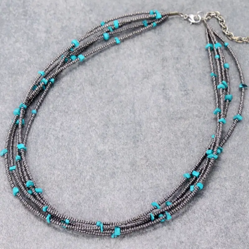 Handmade Western Layered Seed & Bead Necklace 18 Inches + 3 Inch Extension Adjustable Fit Artisanal Jewelry