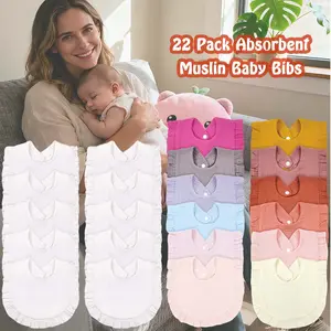 MUSBUY 22 Pack Absorbent Muslin Baby Bibs Soft & Absorbent Newborn Cotton Bibs Multicolor & White Colors for Teething & Playtime 4 Layers High-Quality Fabric