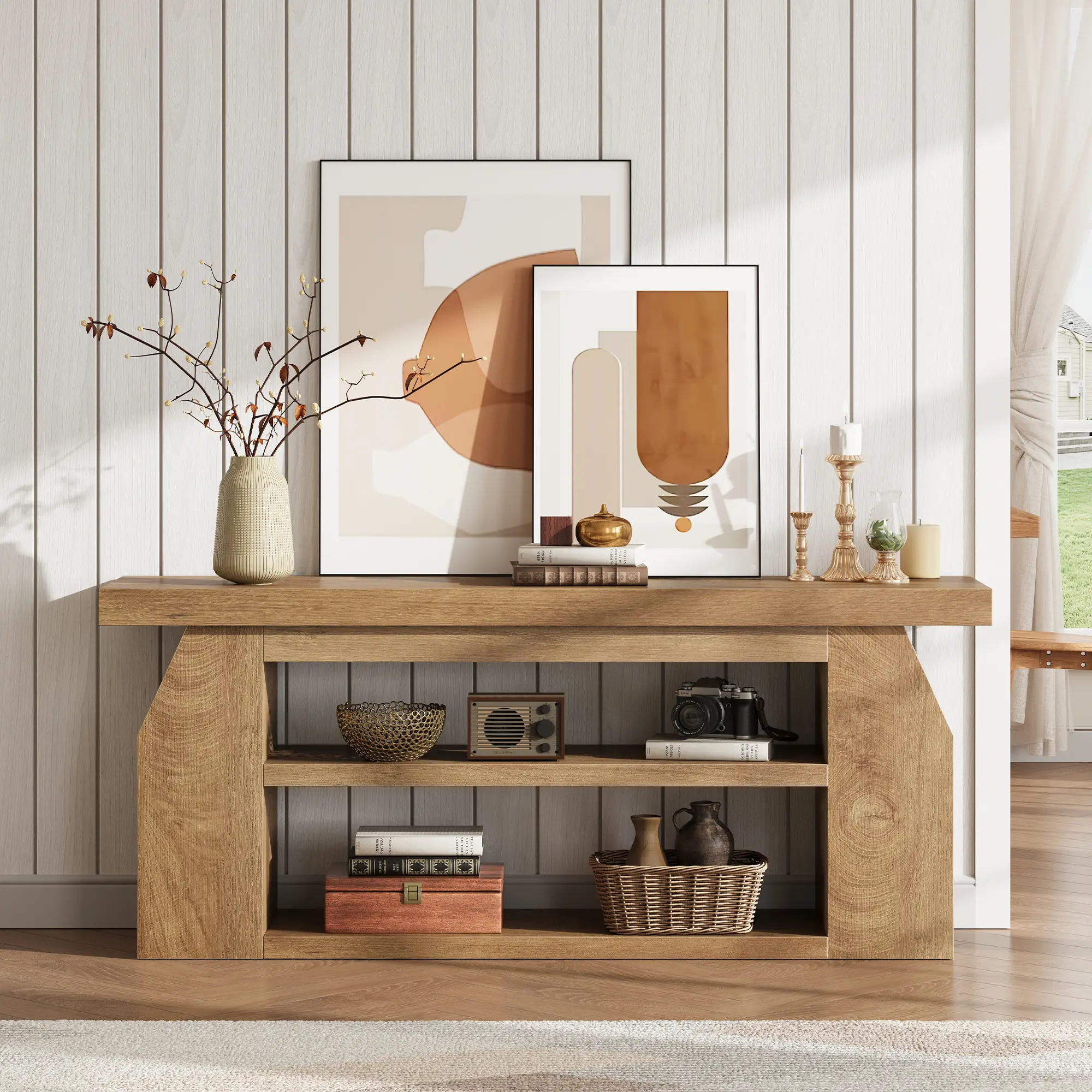 Modern Wood TV Stand for 55 Inch TV, Unique Geometric Entertainment Center with 3-Tier Open Storage & Adjustable Shelves, Small TV Console Table for Living Room Bedroom, Oak