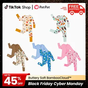 PatPat Bamboo Ultra-Stretchy Baby Zip-Up Pajamas – 3X Extended Growth Fit (0-24M), 8% Spandex for All-Day Comfort | Scratch-Free Sleeves, Adjustable Feet & Non-Slip Soles | Cute Prints