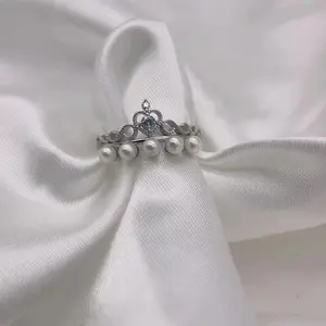 Baby pearl Pearl Sterling Silver Crown Ring S925 for Women with Pearls and Charms, Small Pearl Ring Design for Gifts