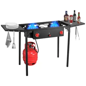 Bestfire 150,000 BTU Outdoor Gas Stove, 2 Burner Propane Stove with Side Shelves & Regulator，Removable Legs for Backyard BBQ Cooking Camping Gas Grill