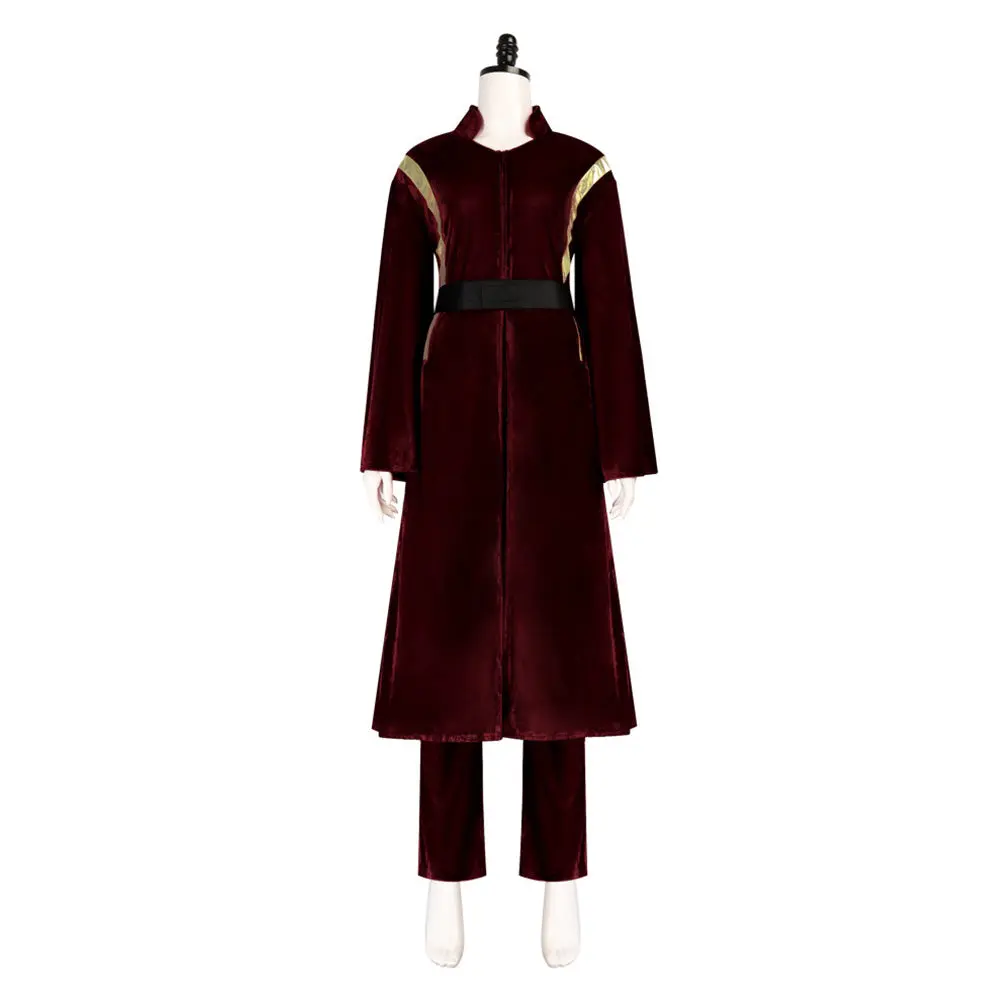 Women‘s Padme Burgundy Velvet Long Coat Pants Belt Set for Halloween