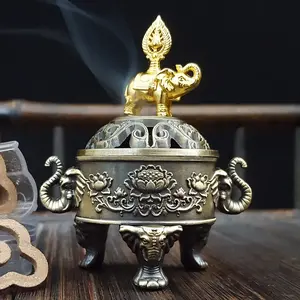 Lucky Elephant Lotus Incense Burner, Three-Legged Stability, Zinc Alloy Material, Dual-Color Craftsmanship, Zen Tea Room Decor