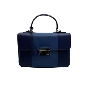 Pre-owned PRADA france Shoulder Bags H2 color block handbag, Saffiano leather series with cross texture, navy blue and light blue two tone combination, flap design, top handle, H61795