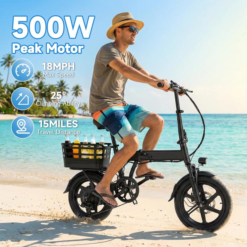 500W Motor Electric Bike , 14” Folding Electric Bicycle , 18MPH Top Speed, 36V 12Ah Removable Battery, 30-Mile Range, Adjustable Handlebar & Seat, 3 Riding Modes 500W Motor Electric Bike , 14” Folding Electric Bicycle , 18MPH Top Speed, 36V 12Ah Removable Battery, 30-Mile Range, Adjustable Handlebar & Seat, 3 Riding Modes