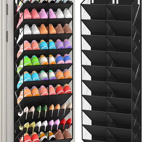 20-30 Pairs Over the Door Shoe Organizer, Clear Pockets Hanging Shoe Storage for Closet, 10-Tier Door Shoes Rack, Handing Shoes Holder Fit All the Family's Sneakers, Boots, Heels, Black