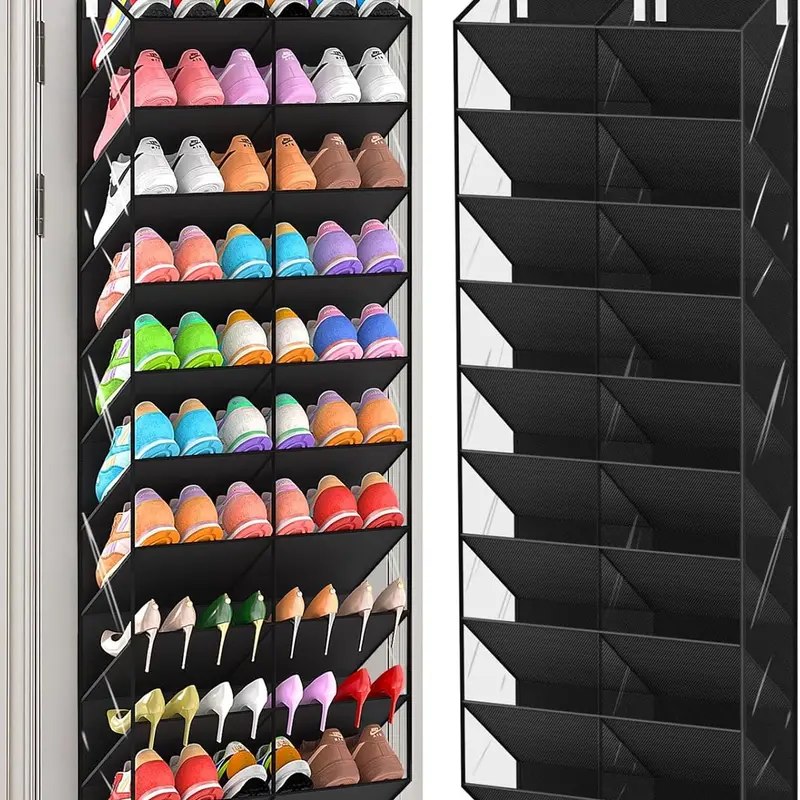 20-30 Pairs Over the Door Shoe Organizer, Clear Pockets Hanging Shoe Storage for Closet, 10-Tier Door Shoes Rack, Handing Shoes Holder Fit All the Family's Sneakers, Boots, Heels, Black