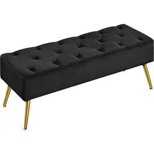 Dining Room Bench, Button-Tufted Dining Bench for Kitchen, Upholstered Dining Bench, Dining Room Bench with Gold Metal Base for Kitchen Living Room Entryway Black