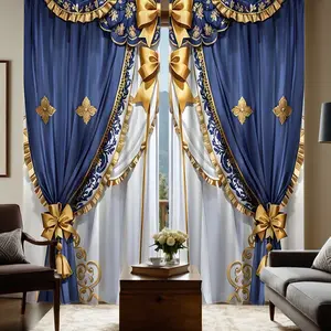 2pcs Blue and white with gold bow imitation double-layer curtain pattern Curtain Set, High Definition Digital Print, Semi-Transparent Polyester, Washable, Bedroom & Living Room Decor, Window Curtain