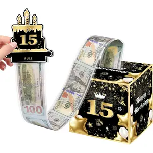 15th Birthday Money Box for Boys Girls, 15 Years Old Birthday Decorations, Fun Pull-Out Cash Gift Box for Parties, Ideal for 15th Birthday Surprises (with 35PCS Bags)