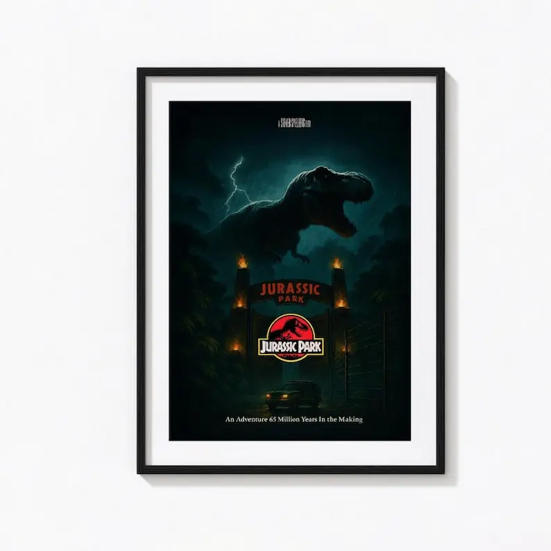 Jurassic Park Movie Poster Print Wall Art T-Rex Gate Scene Dark Rainy Spielberg Film Decor Dinosaur Art Home Theater Gift Idea. No Frame