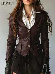 Women's Faux Leather Waist-Tied Fitted Jacket, Vintage Luxe Layering Style, High Gloss Texture, Anti-Wrinkle, All Seasons Casual Wear