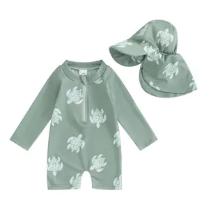 Toddler Infant Baby Boys Swimsuit Kids Rash Guard Turtle/Dinosaur Print  Newborn Zipper Bathing Suit Swimwear with Swim Hat