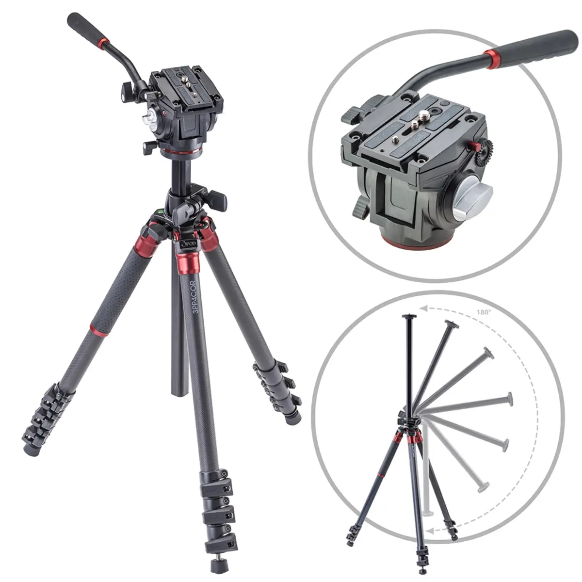 3Pod Orbit 4-Section Carbon Fiber Tripod Bundle with Q3 Fluid Video Head, Bubble Level, Secure Grip, Quick-Lock Mechanism, Camera Mount, Ergonomic Handle