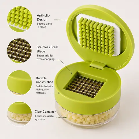 1 Count, Green Garlic Chopper Press with Fine Stainless Steel Grid, Detachable for Easy Cleaning, for Home Kitchen Garlic Mincing