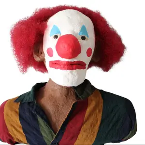 Paper Mache Bust "The Painted Smile" - Red Afro Clown Design with Vibrant Red Color and Distinctive Clown Elements for Whimsical Display