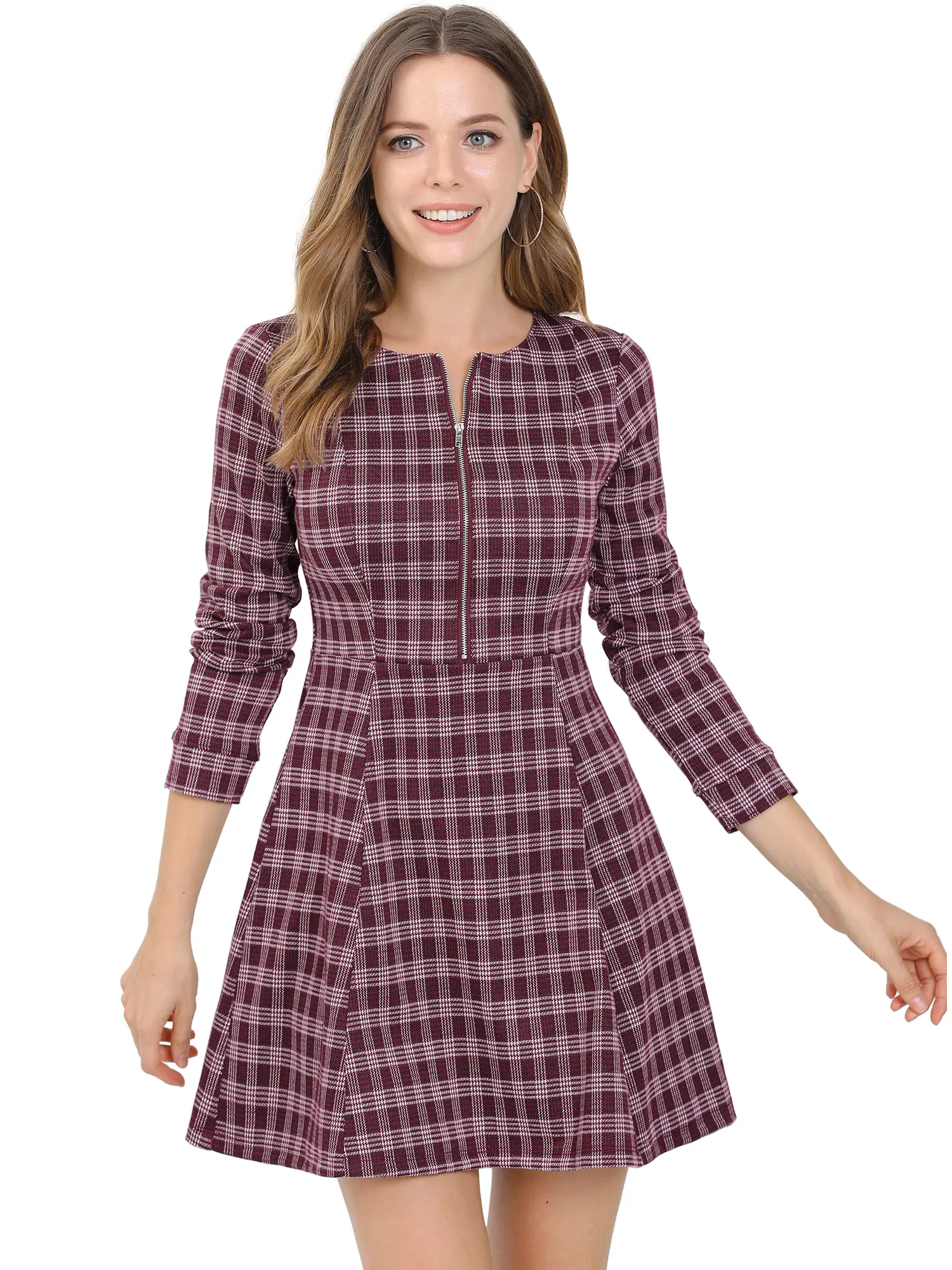 INSPIRE CHIC Women's Flannel Plaid Long Sleeve Work Office Zip Up Fit and Flare Mini Dress