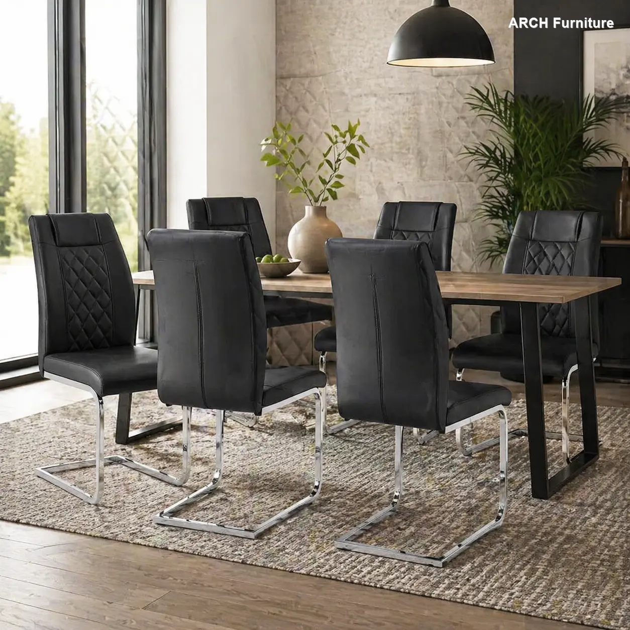6-Seater ARCH High-Back PU Leather Dining Chairs, Modern Kitchen Chairs with Lumbar Support, Bow Frame, Silver Legs, Minimalist Indoor Furniture for Dining & Kitchen Rooms (Black), Six Seaters